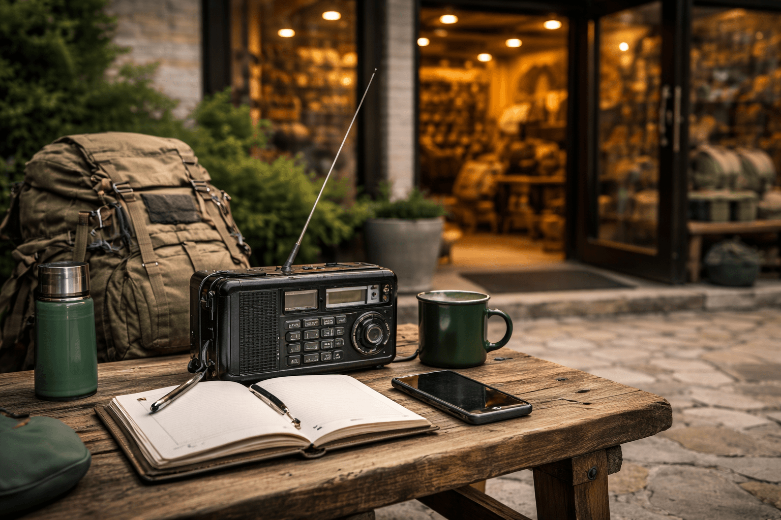 Showroom Outland Gear z wejściem do sklepu i ekspozycją sprzętu outdoorowego