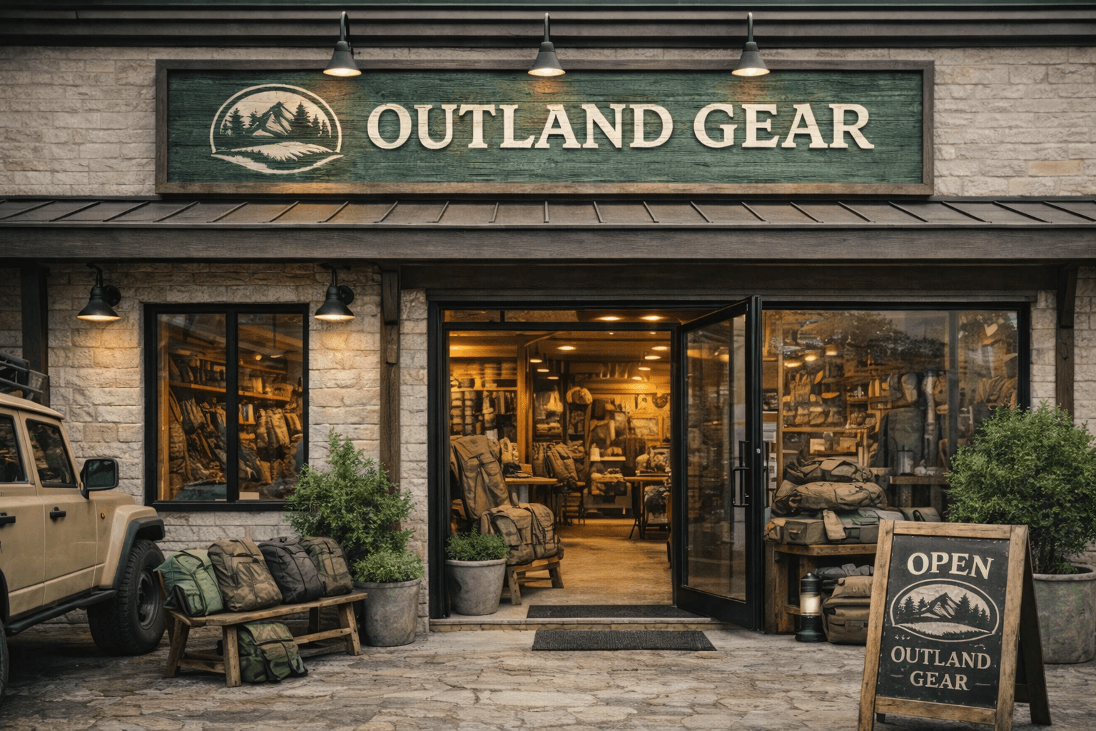 Showroom Outland Gear z wejściem do sklepu i ekspozycją sprzętu outdoorowego
