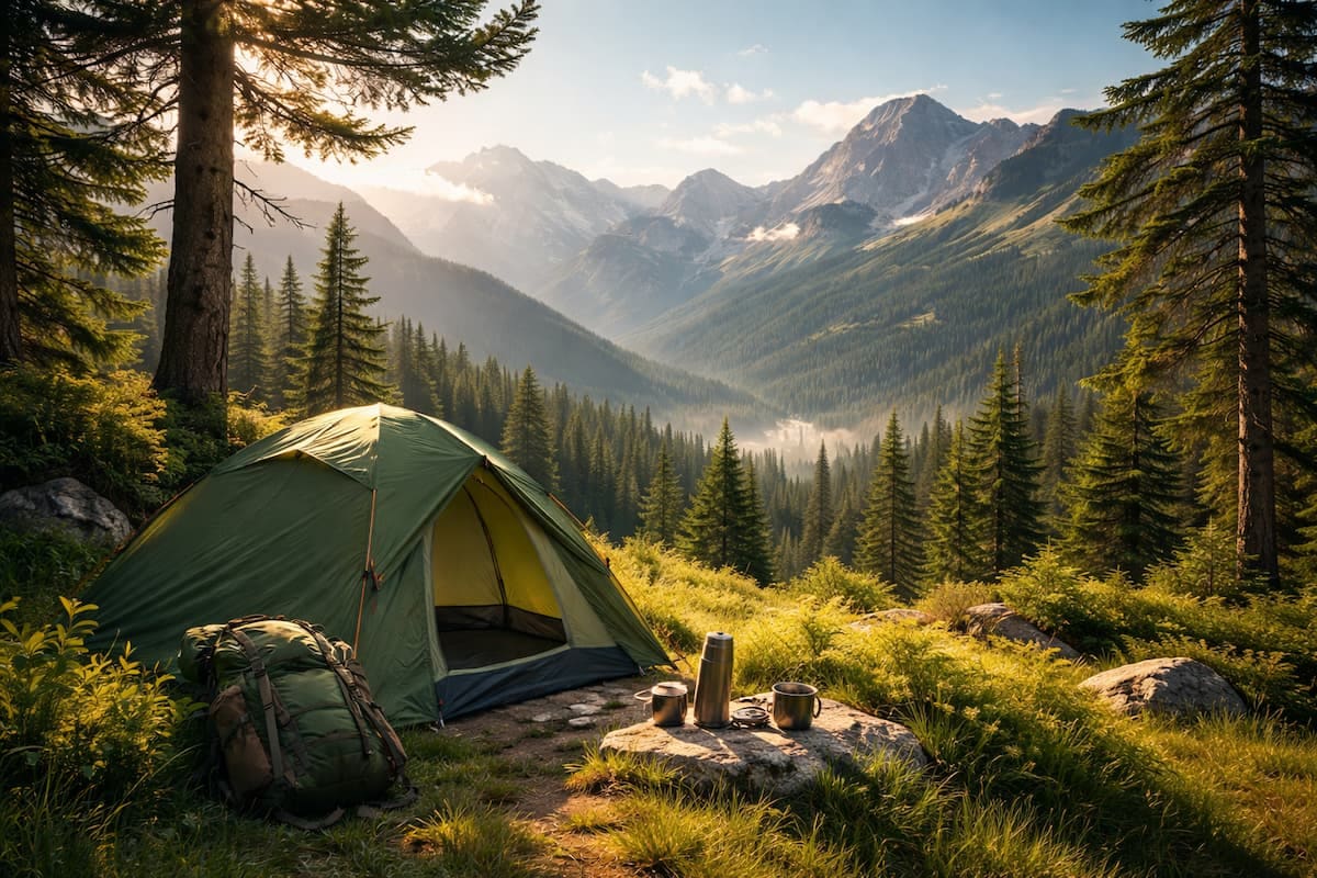 Namiot i sprzęt outdoorowy na tle górskiego krajobrazu